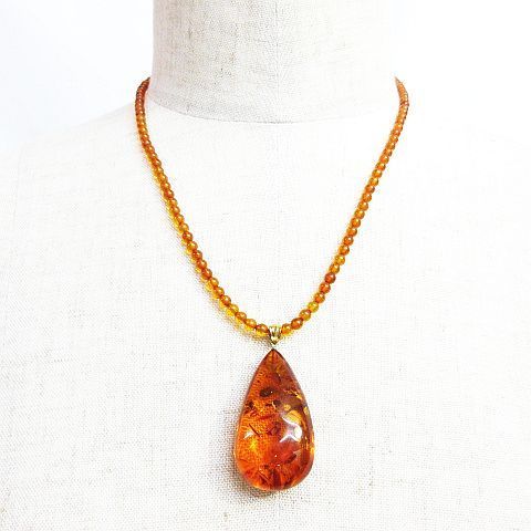 K18 琥珀 アンバー ネックレス ドロップ しずく型ペンダントトップ 6.4