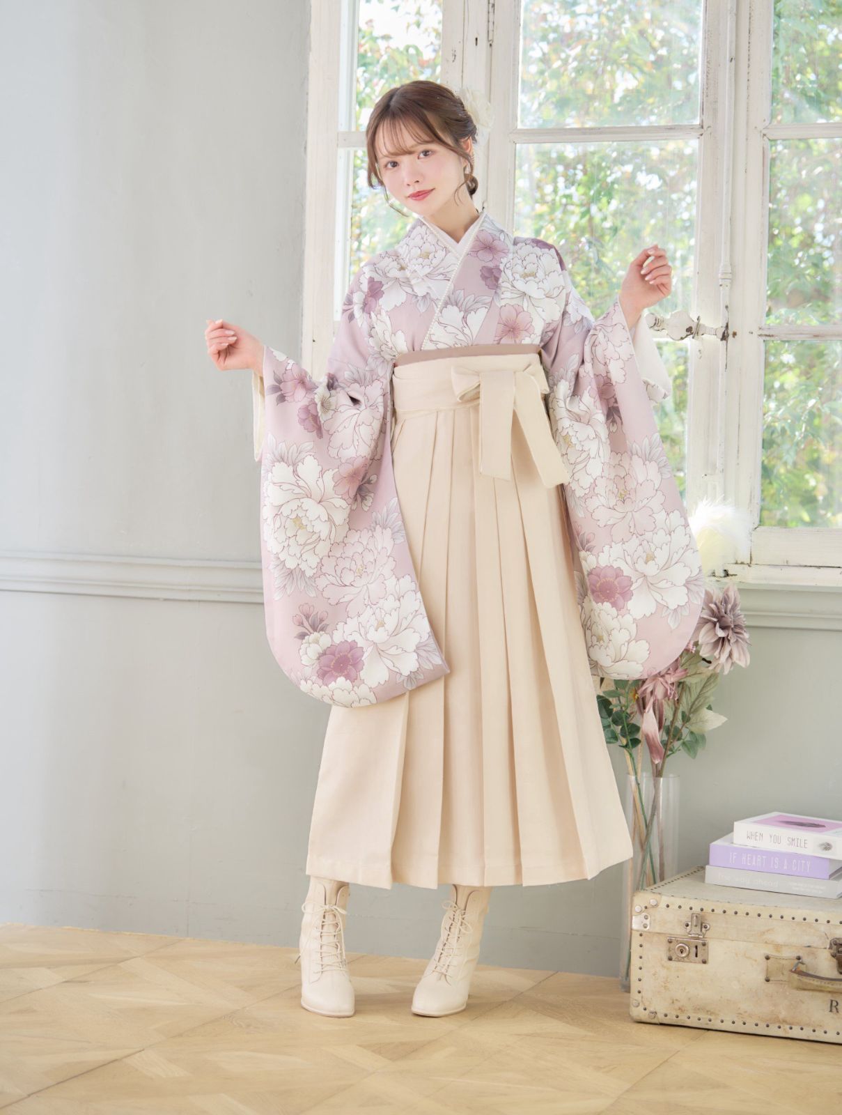 新品 袴 4点セット 袴セット 小学生 大学生 ジュニア 女の子 牡丹 花柄 