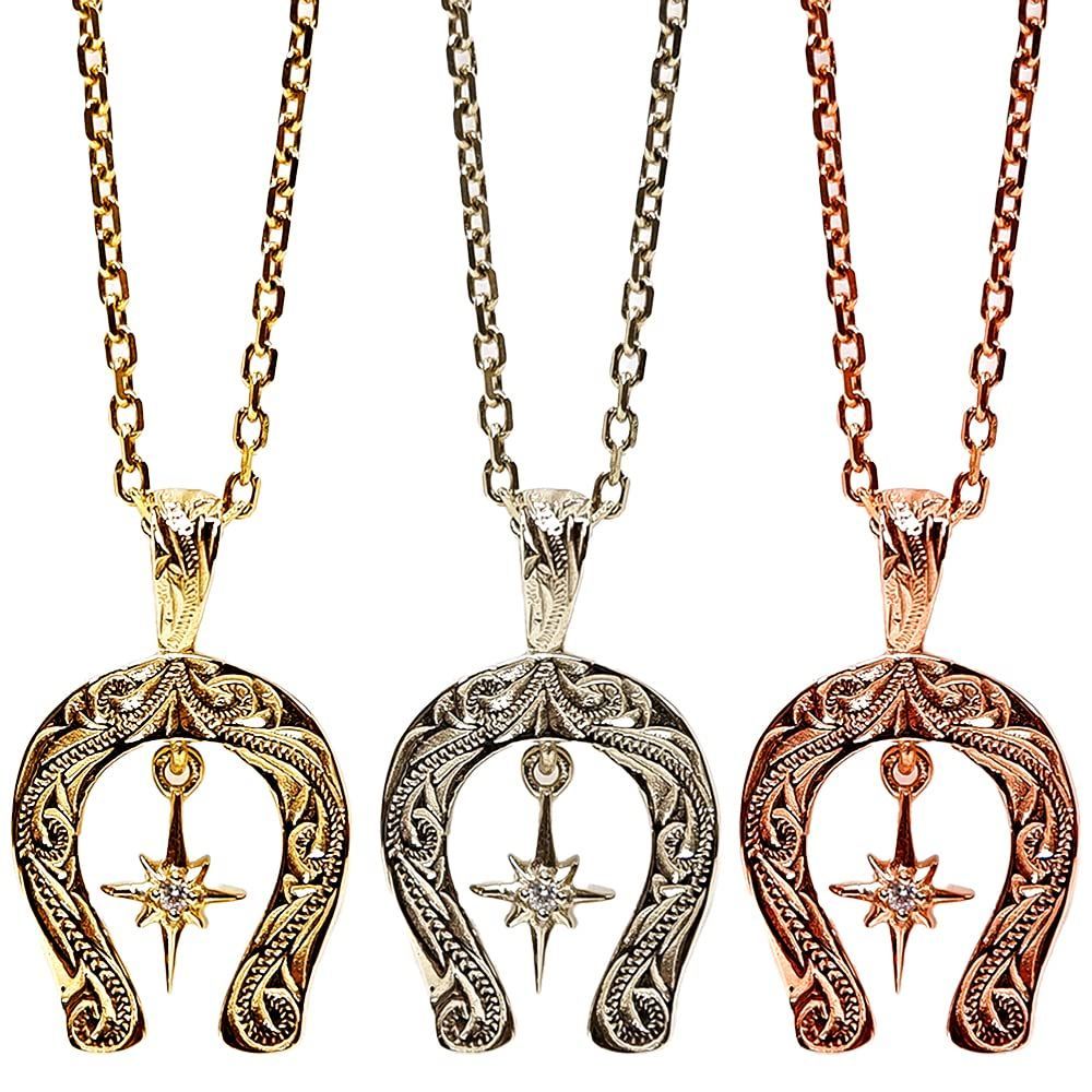 Style イエローゴールド 40cm 5cm ジュライス ハワイアンジュエリー ネックレス レディース メンズ ステンレス ホースシュー 馬蹄 スクロール 波 キュービックジルコニア 金属アレルギー アジャスター チェーン サークル カレイキニ ペンダン