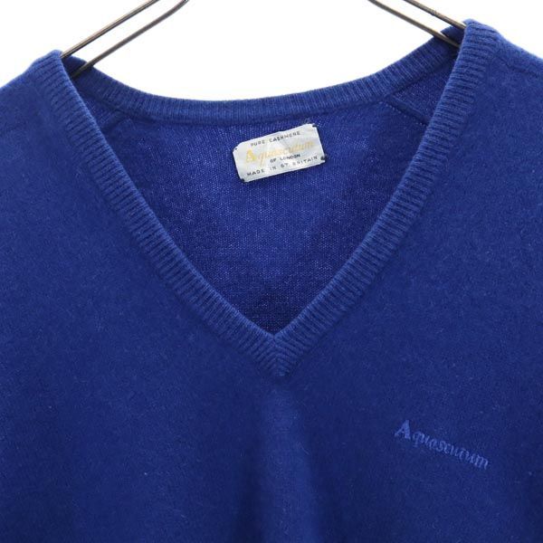 64cm身幅アクアスキュータム 70s ヴィンテージ Vネック ニット ブルー系 Aquascutum 長袖 セーター メンズ   【221012】