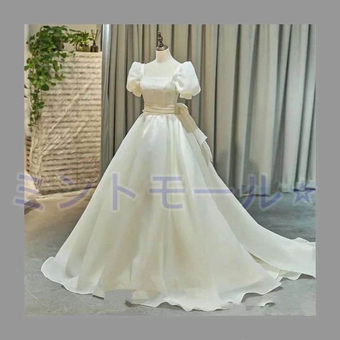 ウェディングドレス ロングドレス Aラインドレス パフスリーブ オーガンジー 半袖 二次会 結婚式 前撮り ブライダル 花嫁 ウエディ