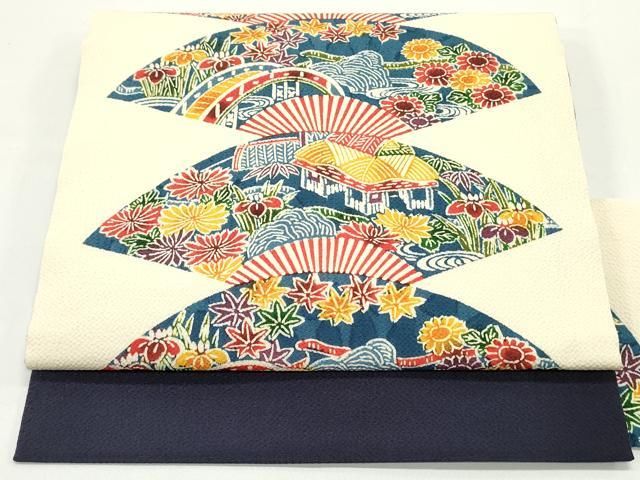 平和屋着物○全通柄九寸名古屋帯 型染め 扇面重ね流水風景草花文 鬼