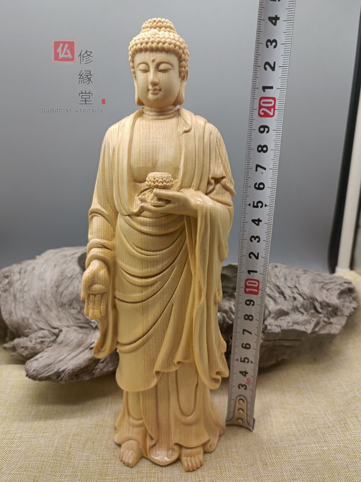 修縁堂】木彫仏像 釈迦如来立像 釈迦牟尼仏 彫刻 一刀彫 天然木檜材