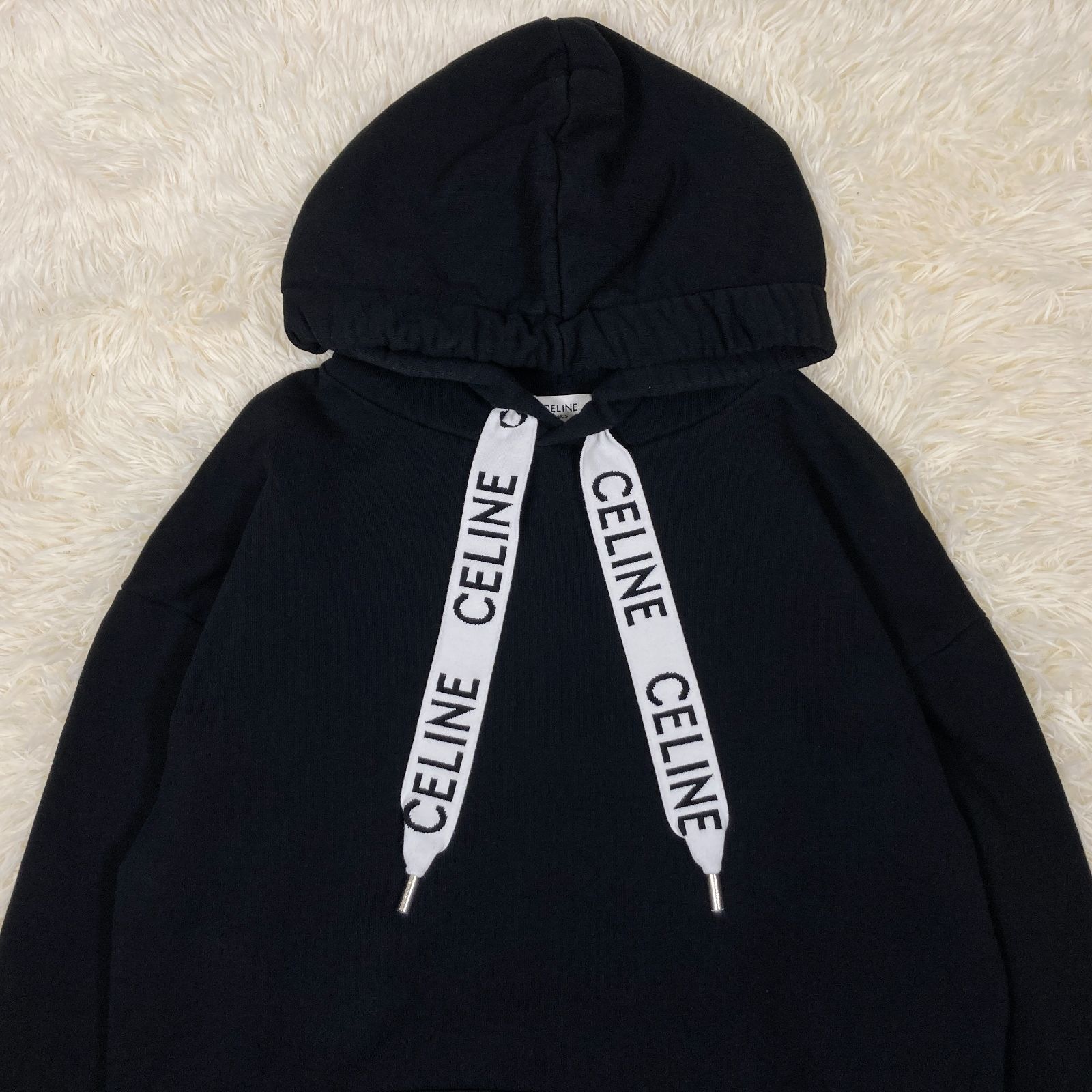 【美品】セリーヌ　ドローコードロゴ　パーカー　ブラック 人気デザイン】 CELINE PARIS セリーヌ プルオーバー パーカー