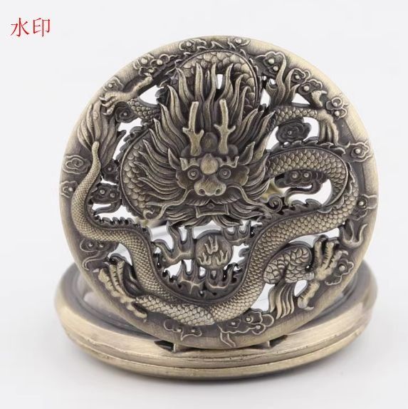 龍彫刻が施されたクォーツ式開き蓋懐中時計ネックレス