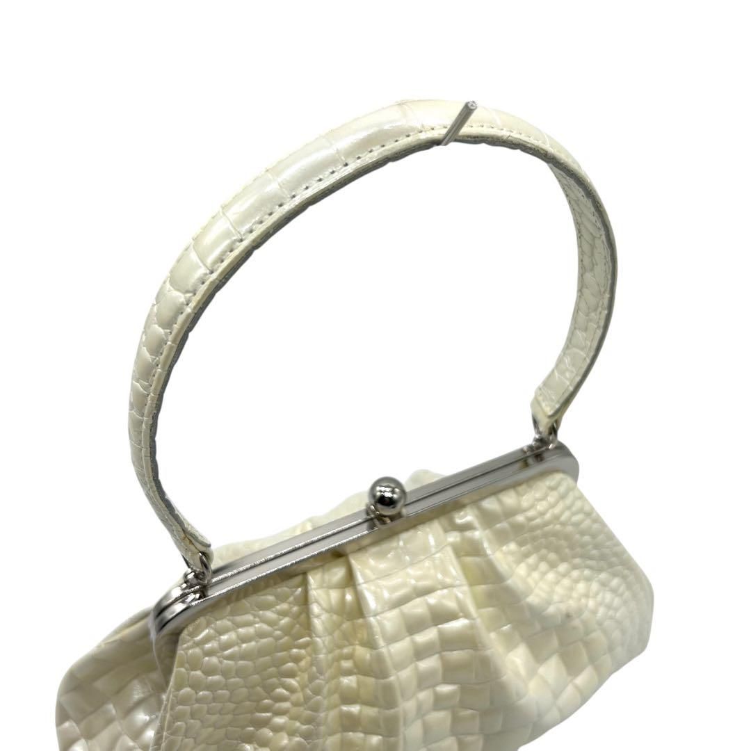 良品 1141 フレームワーク ハンドバッグ 2way がま口 クロコ型押し  