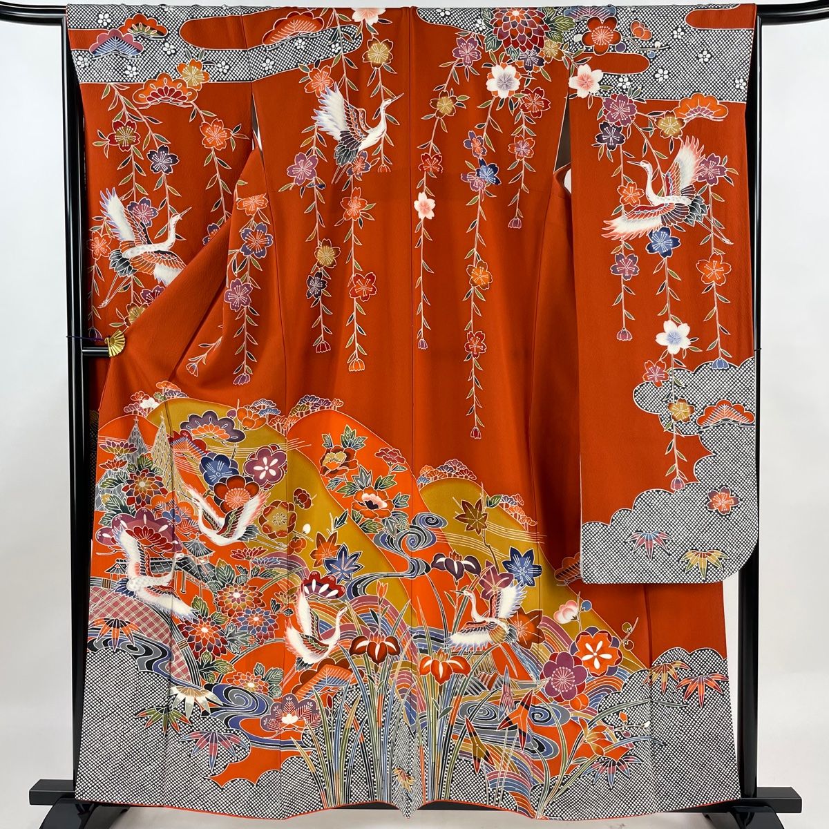 振袖 身丈160cm 裄丈66.5cm M 袷 鶴 松竹梅 縮緬 ぼかし 朱色 正絹 名品