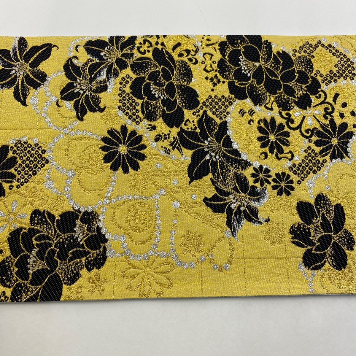袋帯 美品 秀品 振袖向き 牡丹 格子 箔 ラメ 黄色 六通 正絹