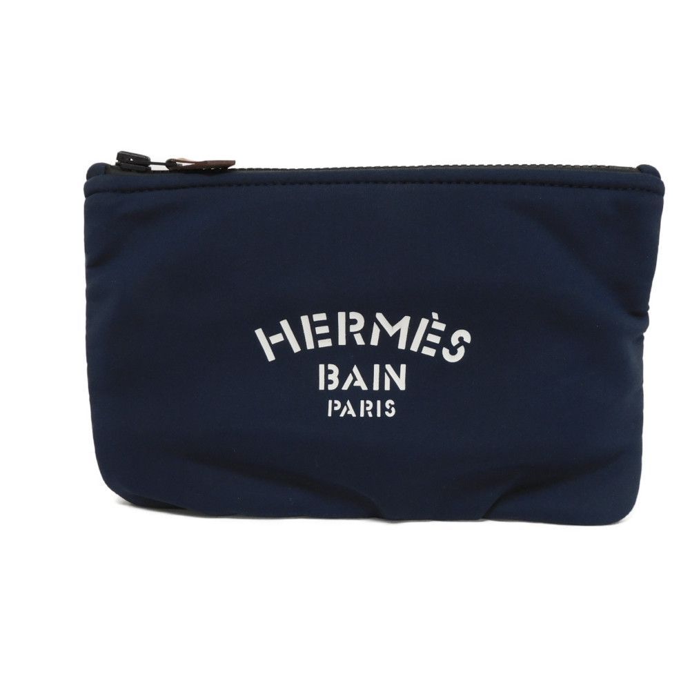 HERMES エルメス トゥルース フラット ポーチ ネオバン PM ナイロン ホワイト ロゴ ブルーマリン クラッチバッグ