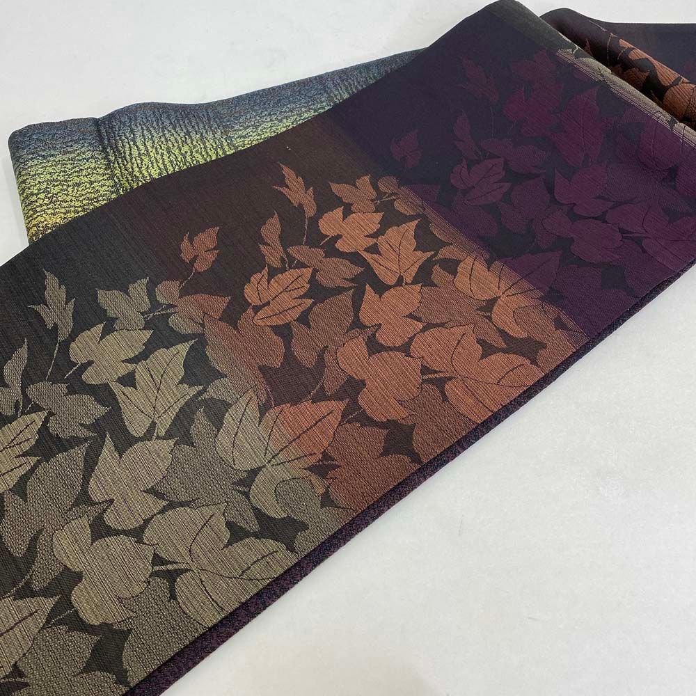 洒落帯 しゃれ帯 緑 黄色 紫 両面 全通 中古 カジュアル リサイクル帯  