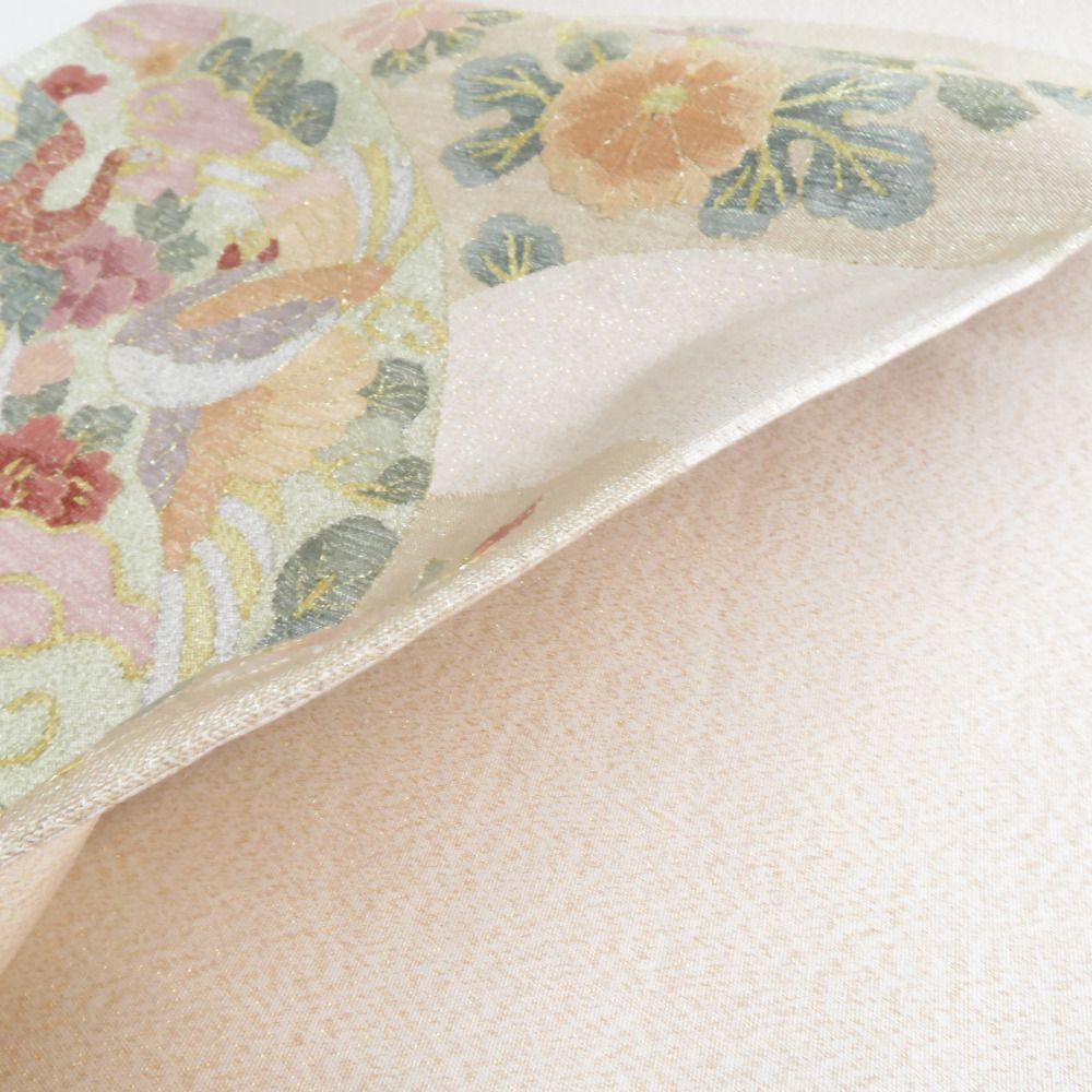 袋帯 正絹 つづれ織り 金糸 地紙花鳥文様 ベージュ色x金色x多色