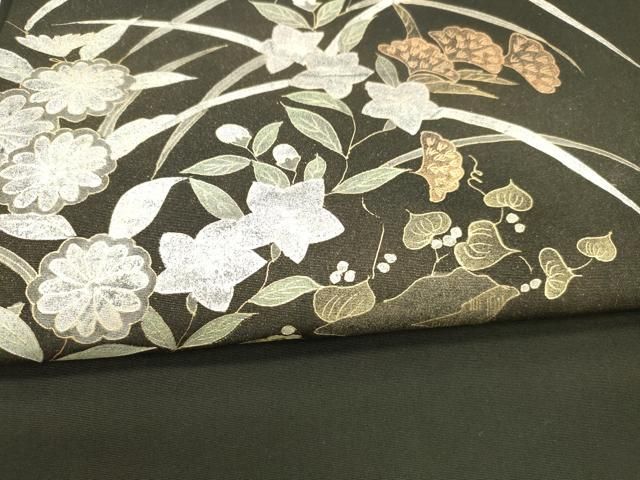 平和屋着物●塩瀬　九寸開き名古屋帯　草花文　黒地　金銀糸　正絹　逸品　DAAX5823cm 平和屋着物○塩瀬 九寸開き名古屋帯 草花文 黒地 金銀糸 正絹