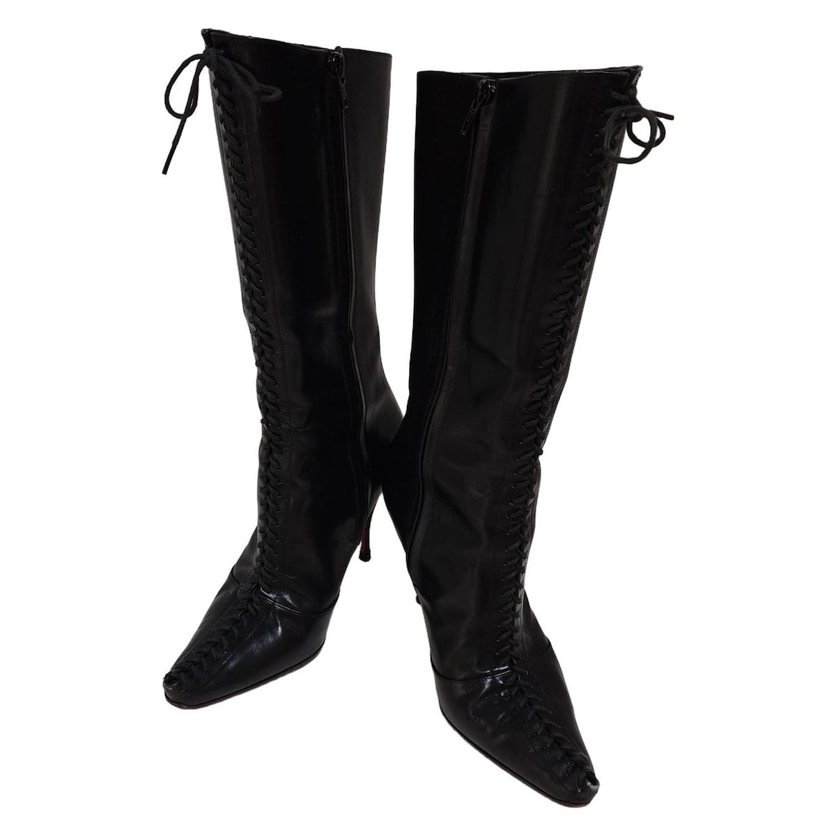 CHRISTIAN LOUBOUTIN クリスチャンルブタン ロングブーツ 34 1|2 レディース - 黒×レッド アウトソール張替済 レザー KIN-KAAI_COM