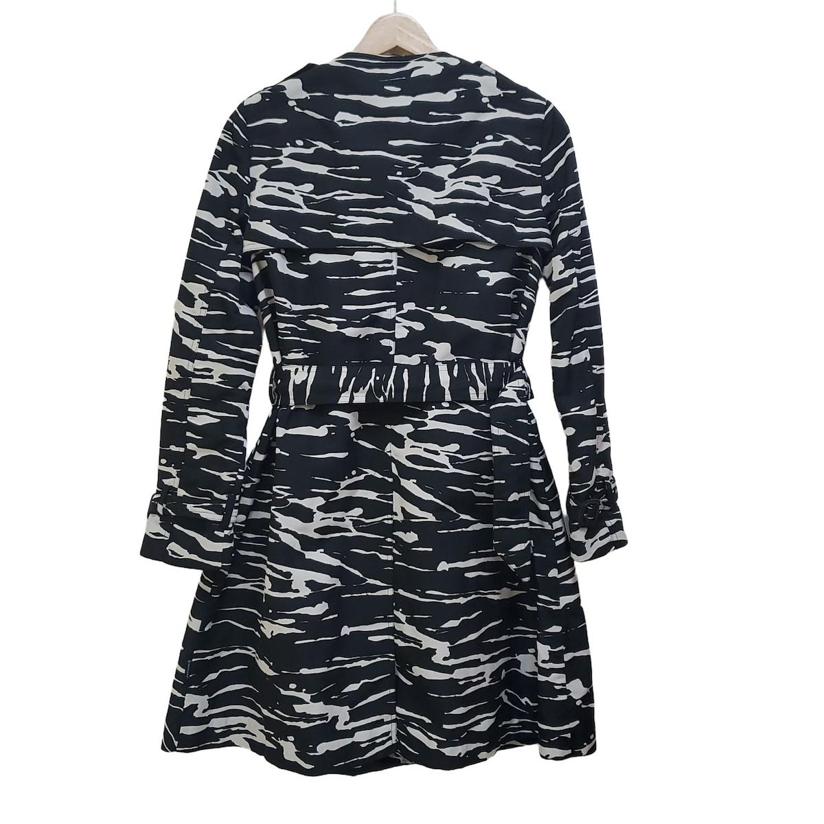 モンクレール トレンチコート サイズ0 XS レディース PETRA ぺトラ 黒×アイボリー 長袖 ゼブラ柄 ベルト付き ノー 春 秋