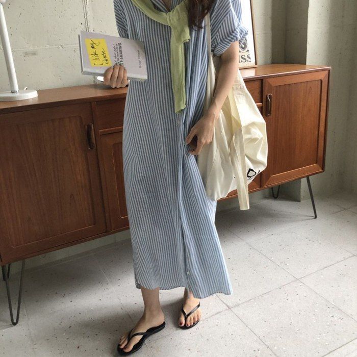 綺麗 シャツワンピース 半袖 ロングシャツ ストライプ きれいめ 膝下