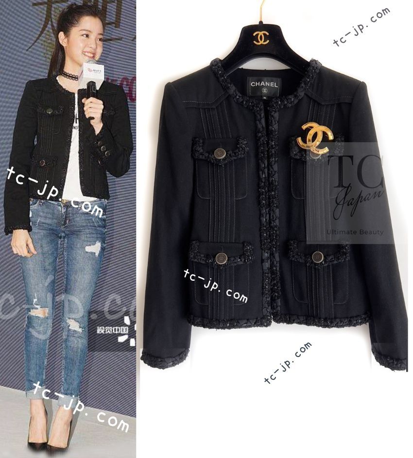 シャネル ジャケット CHANEL ブラック コットン デニム ノー シャネル ジャケット CHANEL ブラック コットン デニム ノー