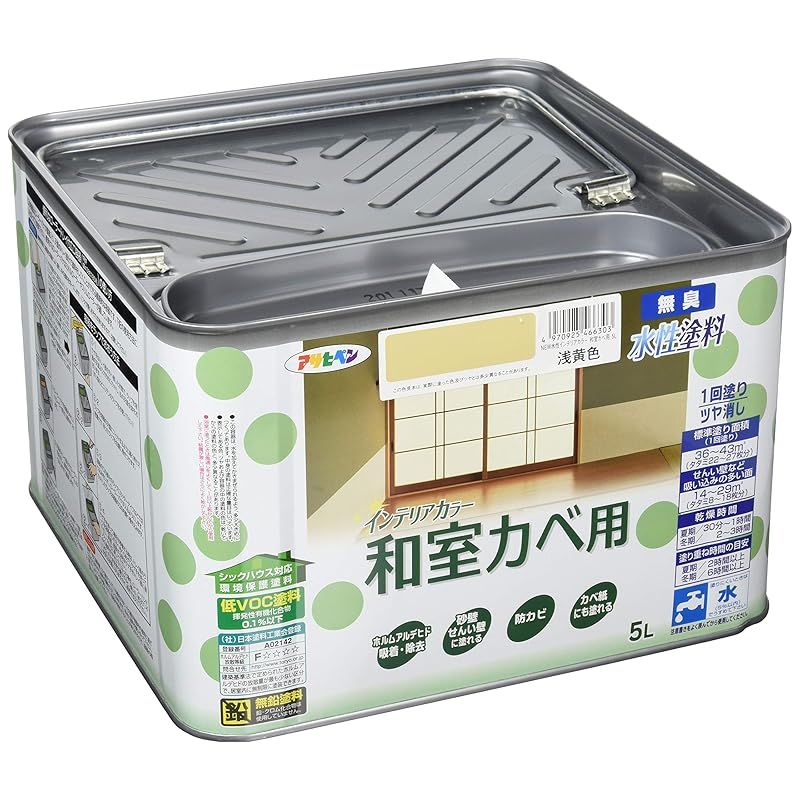 アサヒペン NEW水性インテリア 和室カベ用 5L 浅黄色 塗料 ペンキ 室内 壁用 ツヤ消し 1回塗り 無臭 防カビ 低VOC シックハウス対策品