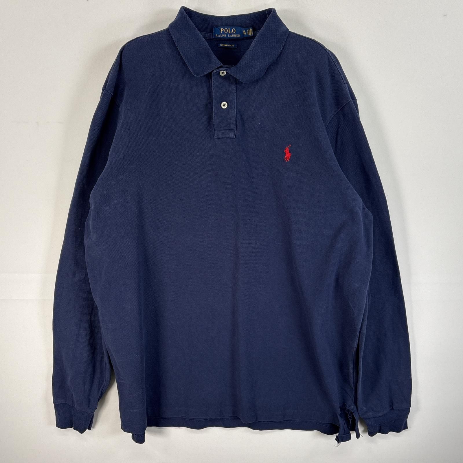 古着 ポロ・ラルフローレン POLO RALPH LAUREN 鹿の子 長袖 ポロシャツ ロゴ 刺繍 2ボタン 大きいサイズ XL  ネイビー 無地 メンズ