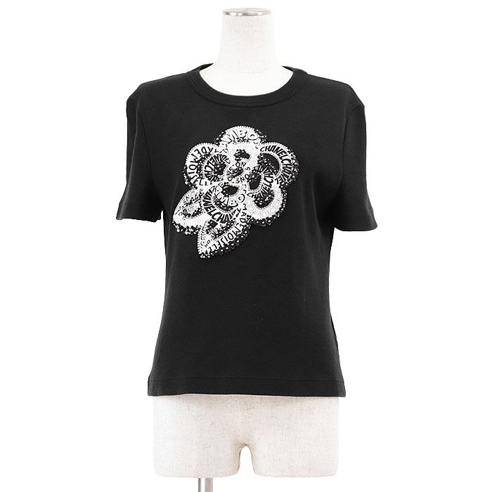 CHANEL シャネル カットソー P75935 CAMBON カンボン No.5 COCOマーク カメリア クリスタルビジュー コットン フライスTシャツ 丸首 半袖 トップス 共生地付属 レディース 38 黒 伊製 ヴィルジニー ヴィアール期