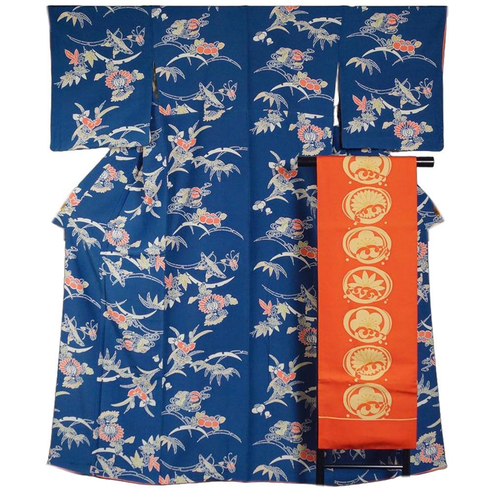 着物セット 小紋・塩瀬 名古屋帯 2点 セット 花鳥・露芝模様 M