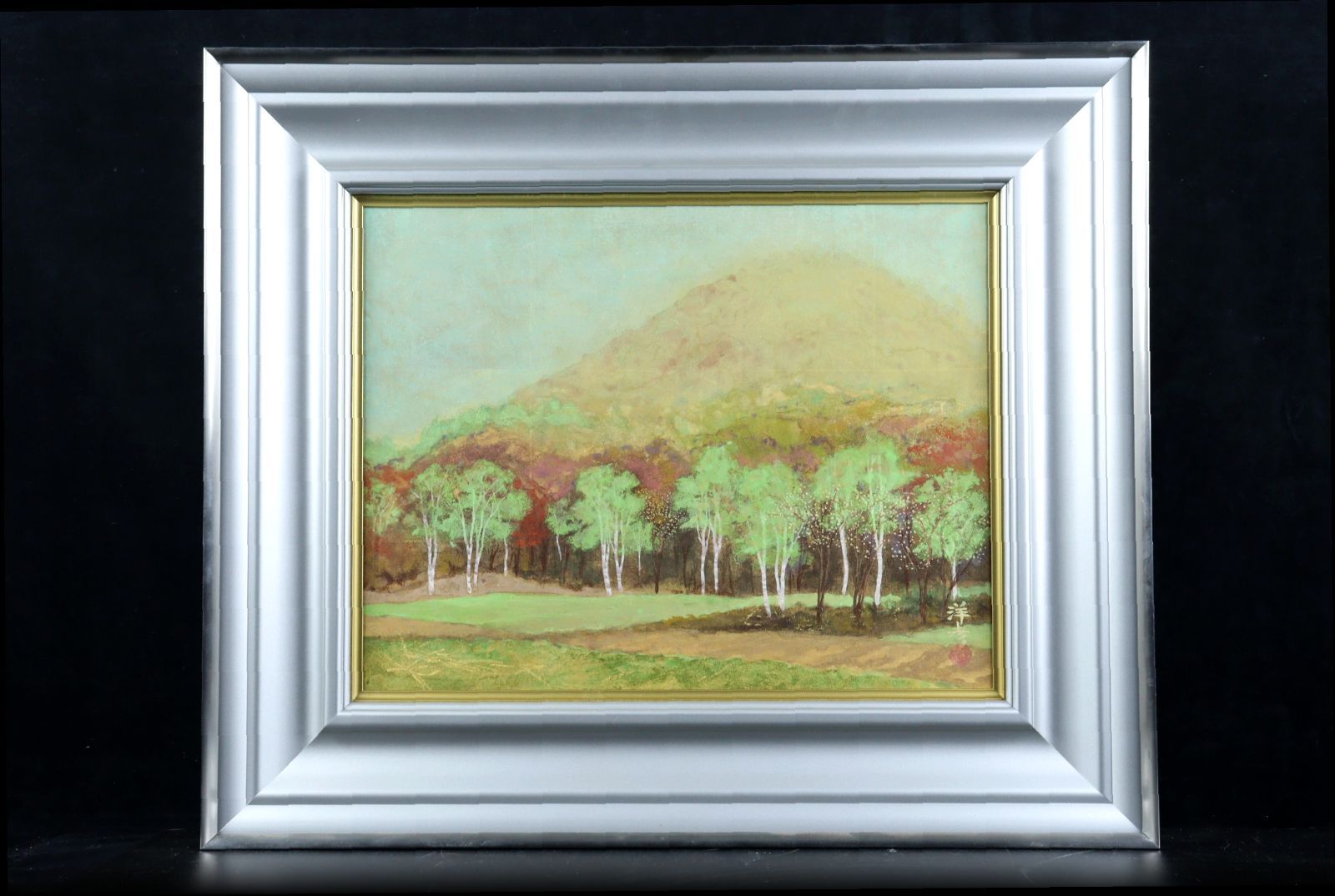 平岩洋彦 「高原」 肉筆日本画6号 共シール タトウ箱 山風景 唐物 骨董