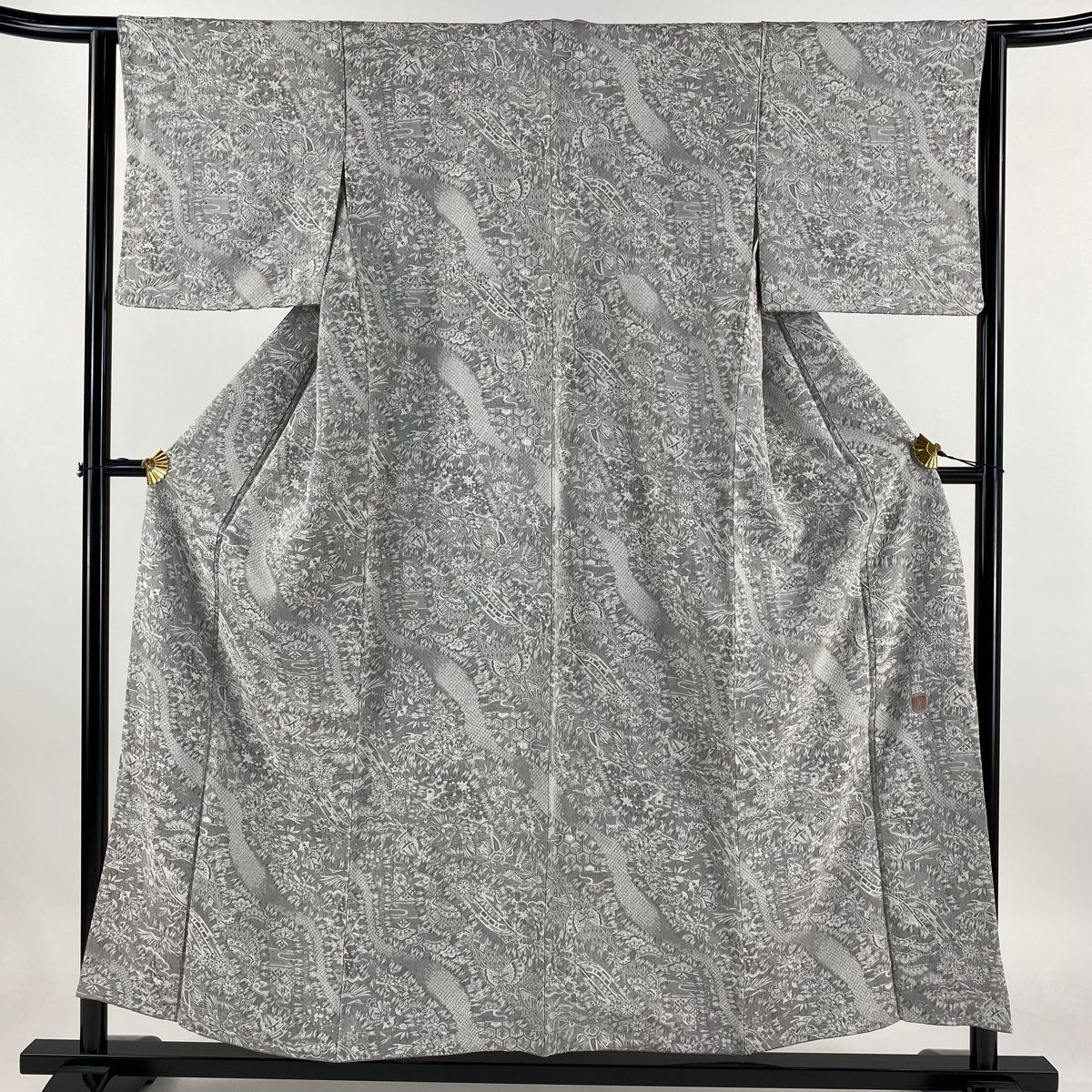 小紋 身丈154.5cm 裄丈65cm M 袷 紋意匠 草花 鶴 灰色 正絹 名品