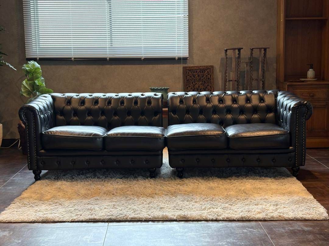 ヴィンセントボタンダウンソファアンティークレザーブラック IZZ