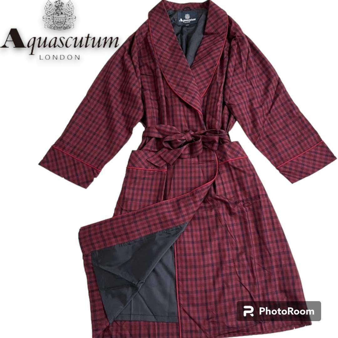 美品】Aquascutum ロング ベルテッド ガウンコート チェック M-