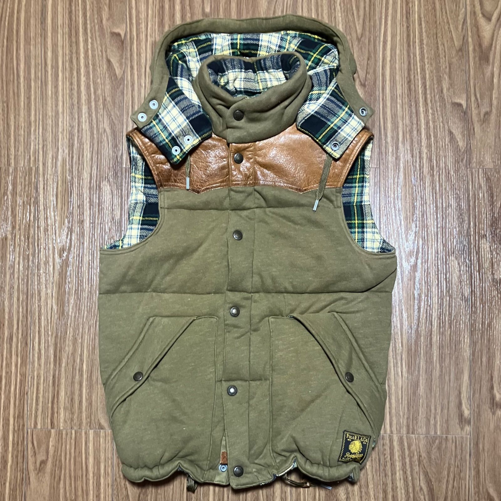 Ralph Lauren レザー×スウェット 中綿ベスト カーキ M
