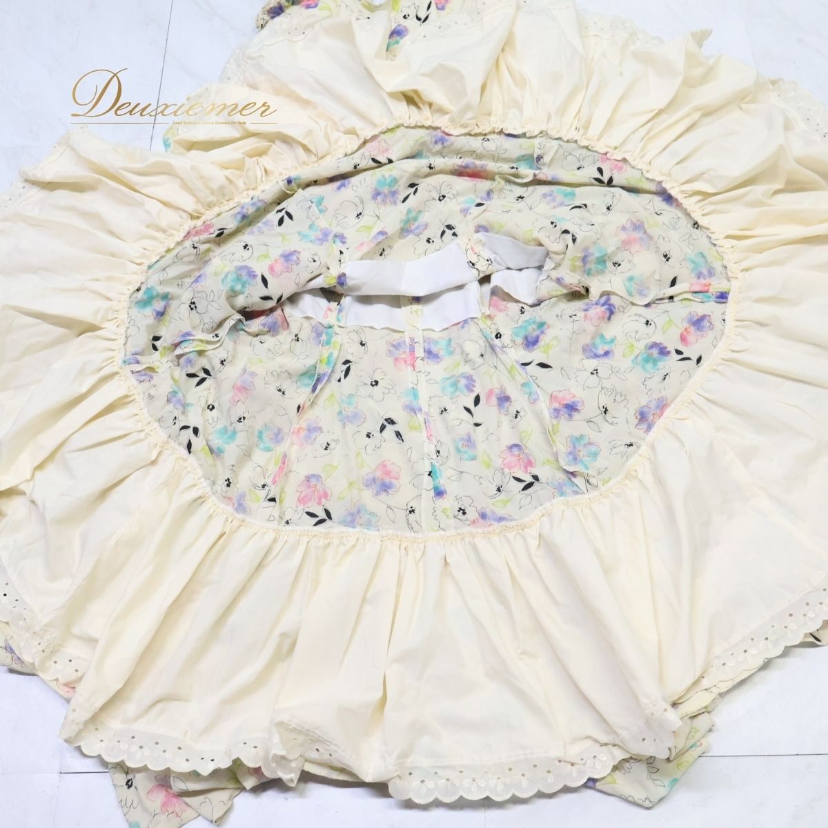 【美品 スペイン製 フラメンコ衣装】アイボリー RONEY ルーニー ワンピース ドレス 花柄 ボランテ フリル レース 水色 ピンク 美品 スペイン製 フラメンコ衣装】アイボリー RONEY ルーニー