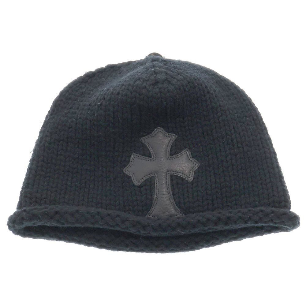 CHROME HEARTS クロムハーツ BEANIE CASH レザーパッチビーニー クロスパッチ付きカシミヤビーニー ニット帽子 ブラック|シルバー