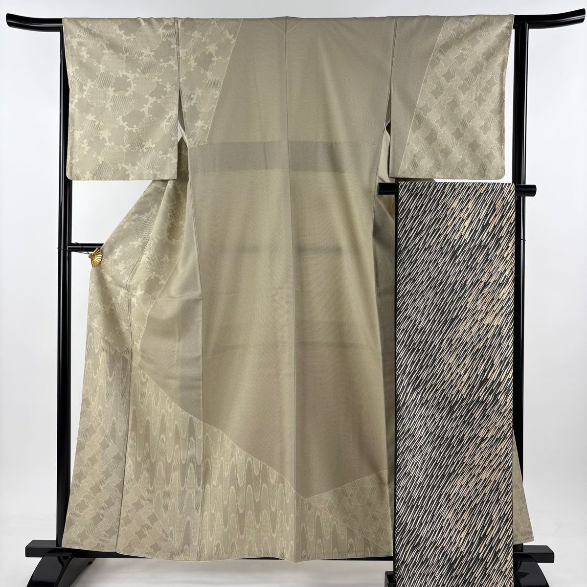 訪問着 身丈159.5cm 裄丈64.5cm M 袷 袋帯セット 雪輪 亀甲絣 ベージュ 正絹 秀品
