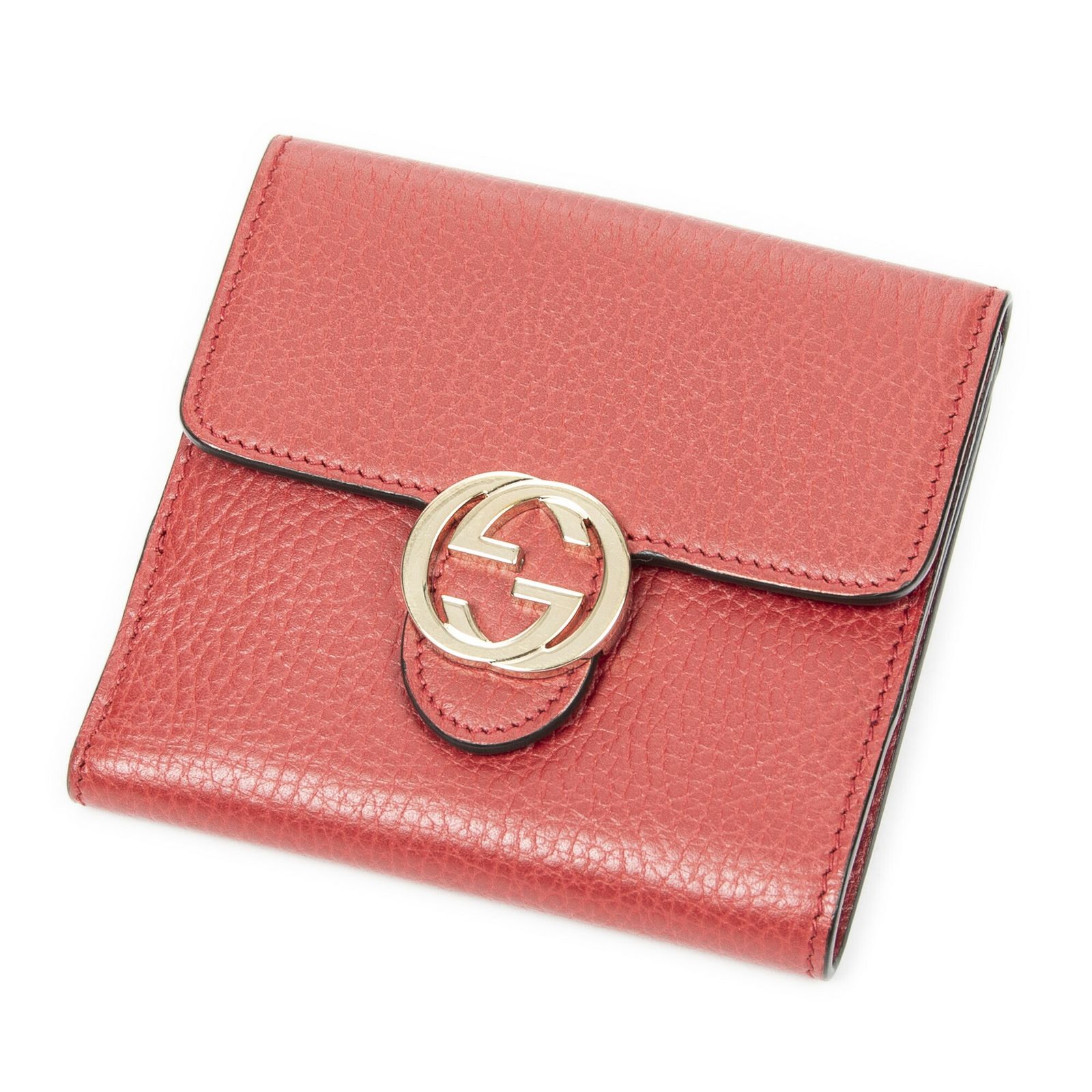 GUCCI グッチインターロッキングGコンパクトウォレット赤グレインカーフスキンレザーA