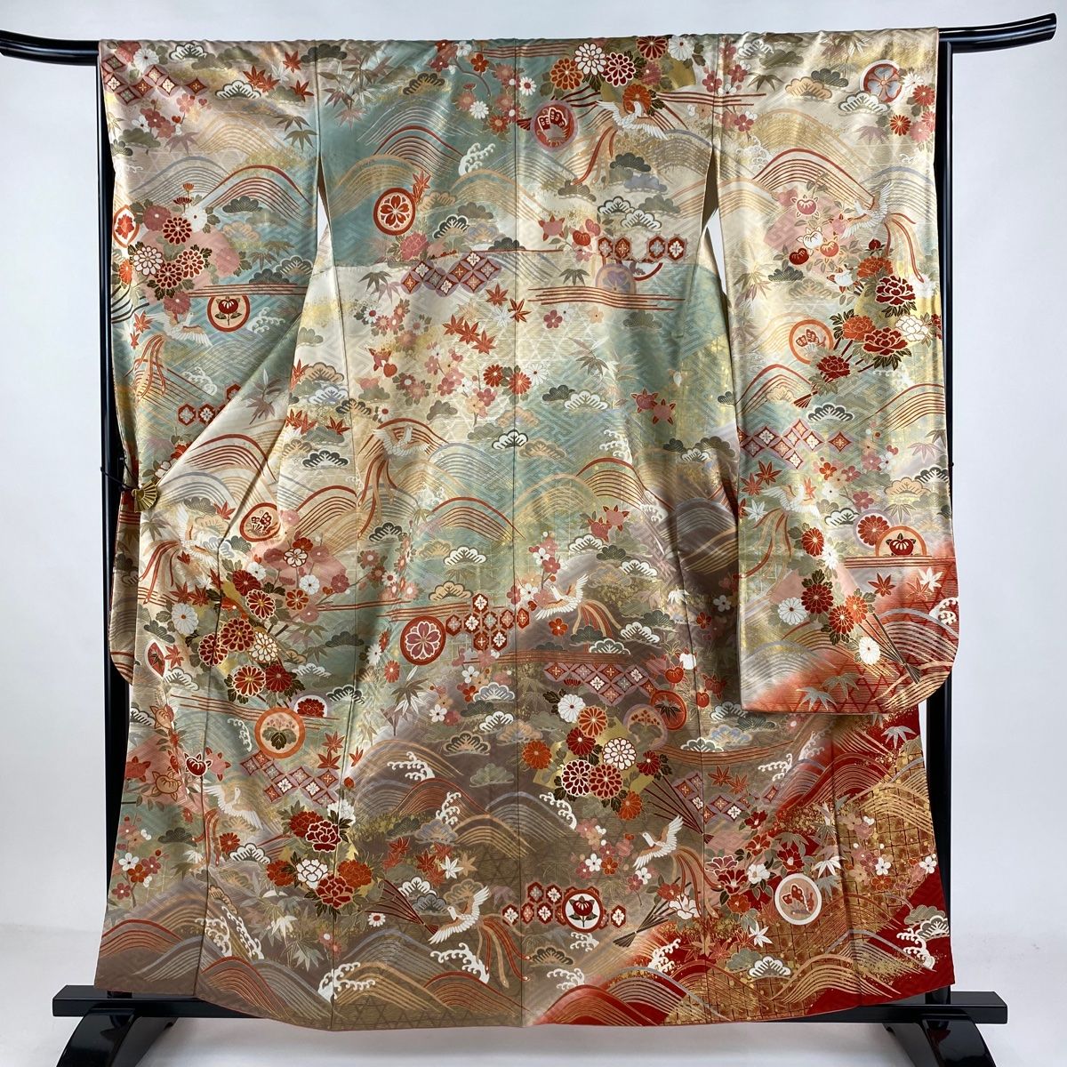 振袖 身丈159cm 裄丈65.5cm M 袷 花扇 尾長鳥 金糸 金彩 薄緑 正絹 秀品