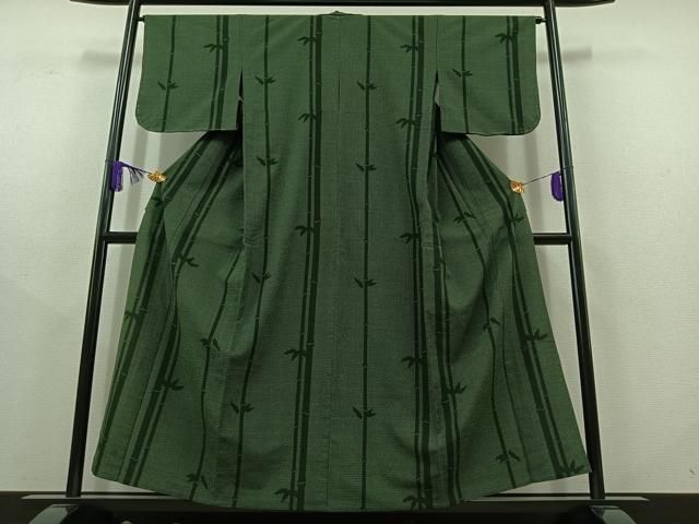 平和屋着物▽本塩沢 単衣 笹竹文 正絹 AABC2212jh