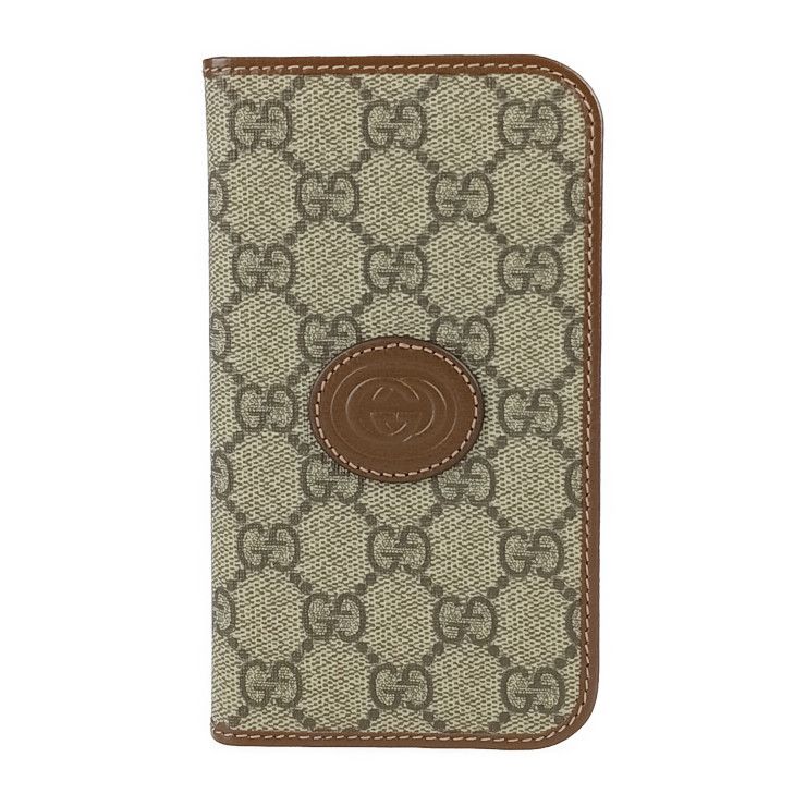 GUCCI グッチ スマホカバー インターロッキングG iPhone 15Pro フォリオ 760185 ベージュ＆エボニー GGスプリームキャンバス レザー ユニセックス 手帳型