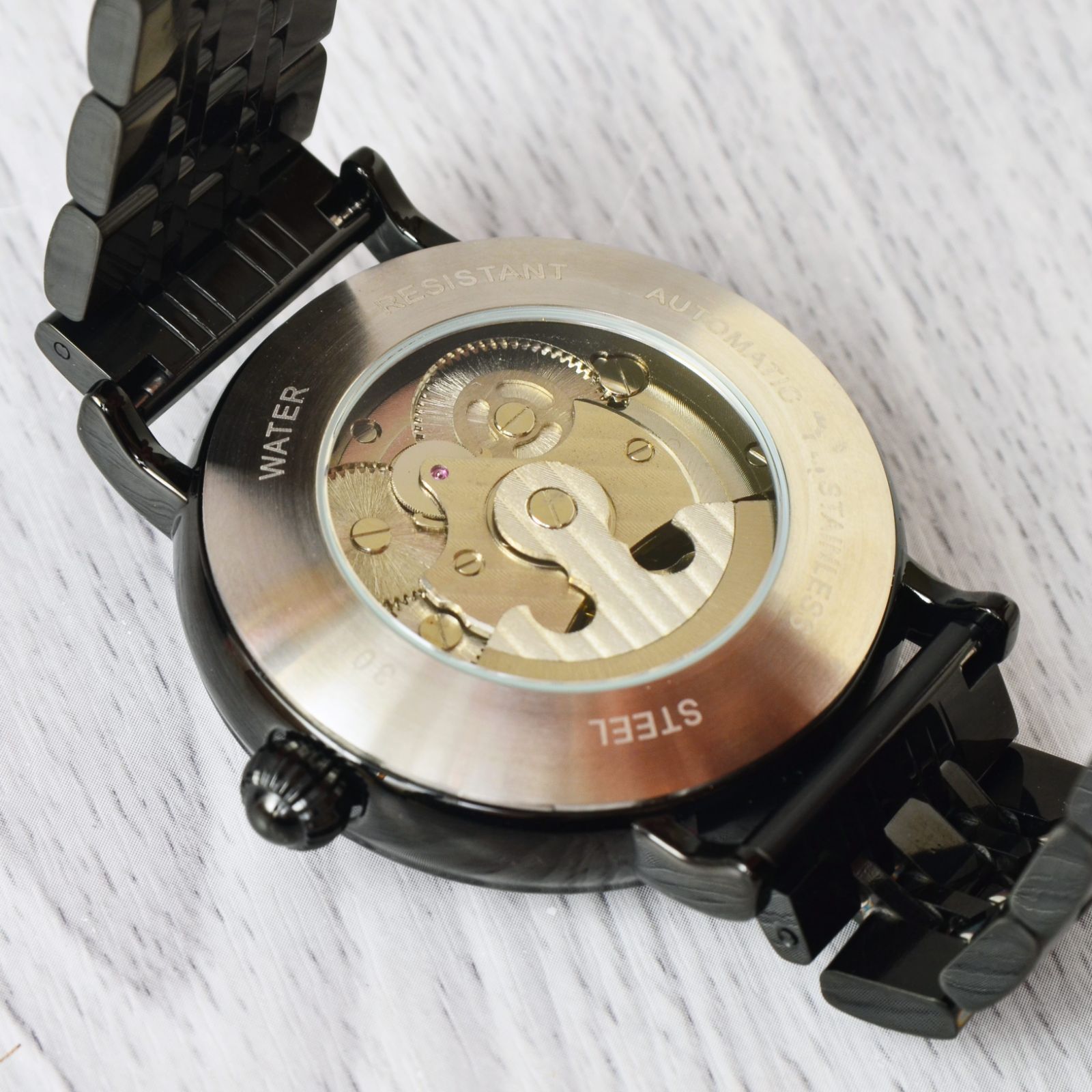 自動巻き機械式腕時計 メンズ 紳士用ウォッチ Sun & Moon スケルトン ブラック ゴールド シルバー 新品