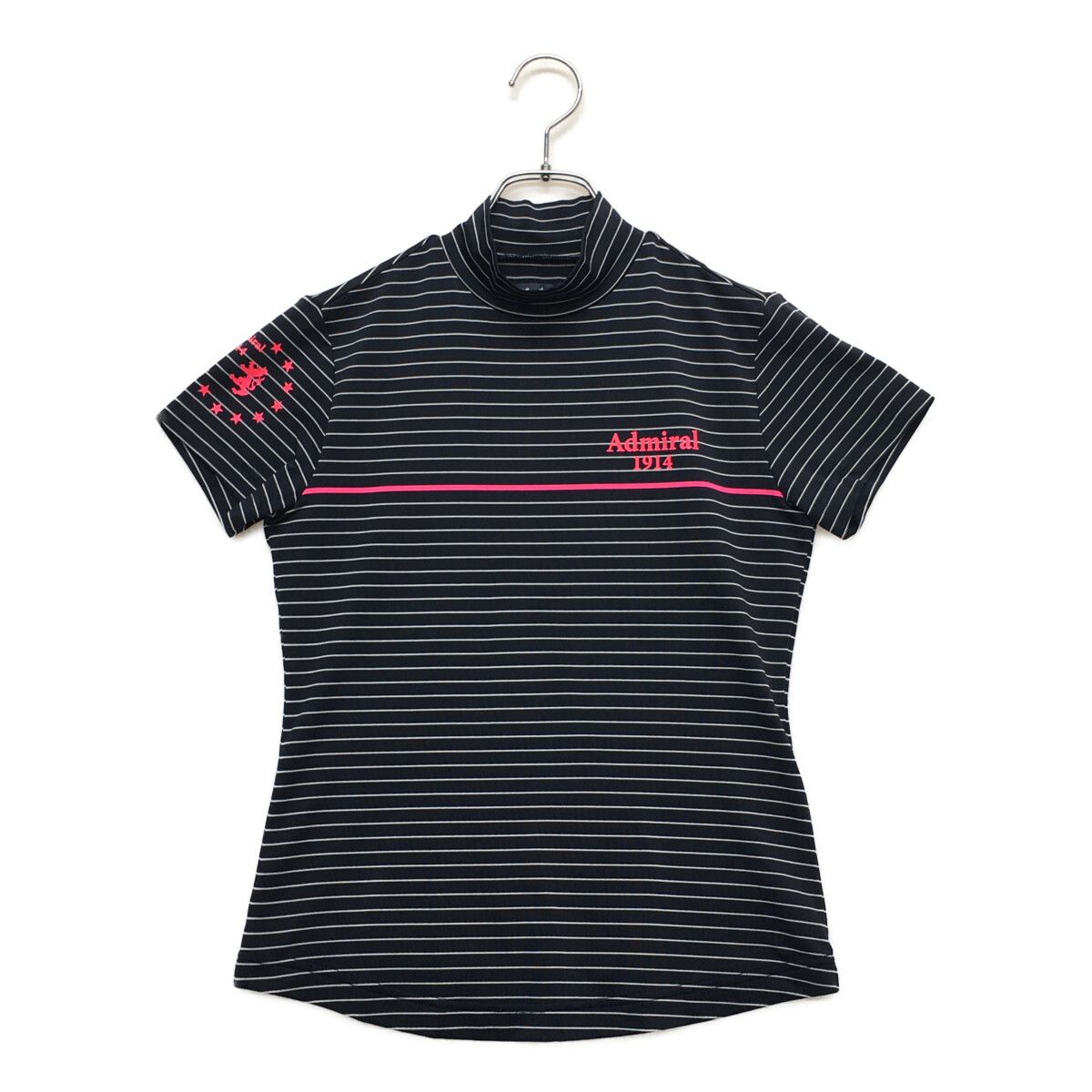 中古 レディース アドミラルゴルフ Admiral Golf 半袖シャツ S 紺 ネイビー ハイネック モックネック ボーダー