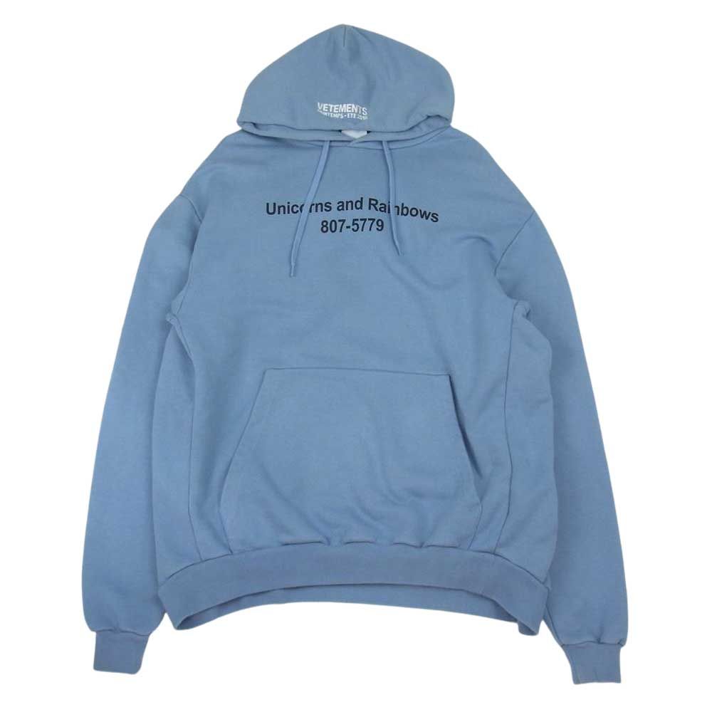 VETEMENTS ヴェトモン 18SS WSS18TR28 Rainbows Unicorn Hooded バック プリント ユニコーン パーカー  ブルー系 XS【中古】