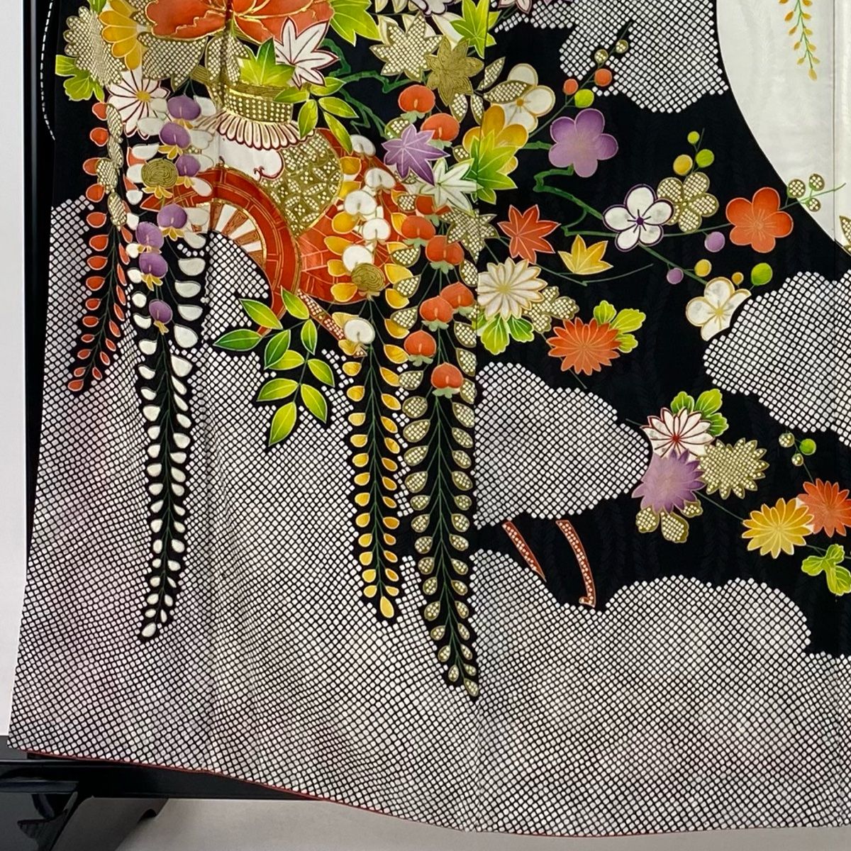 振袖 身丈161cm 裄丈64cm M 袷 花車 波 金糸 金彩 オレンジ 正絹 名品 中古 振袖 身丈161cm 裄丈64cm M 袷 花車 鶴 金彩 染分け 薄茶色 正絹 秀品