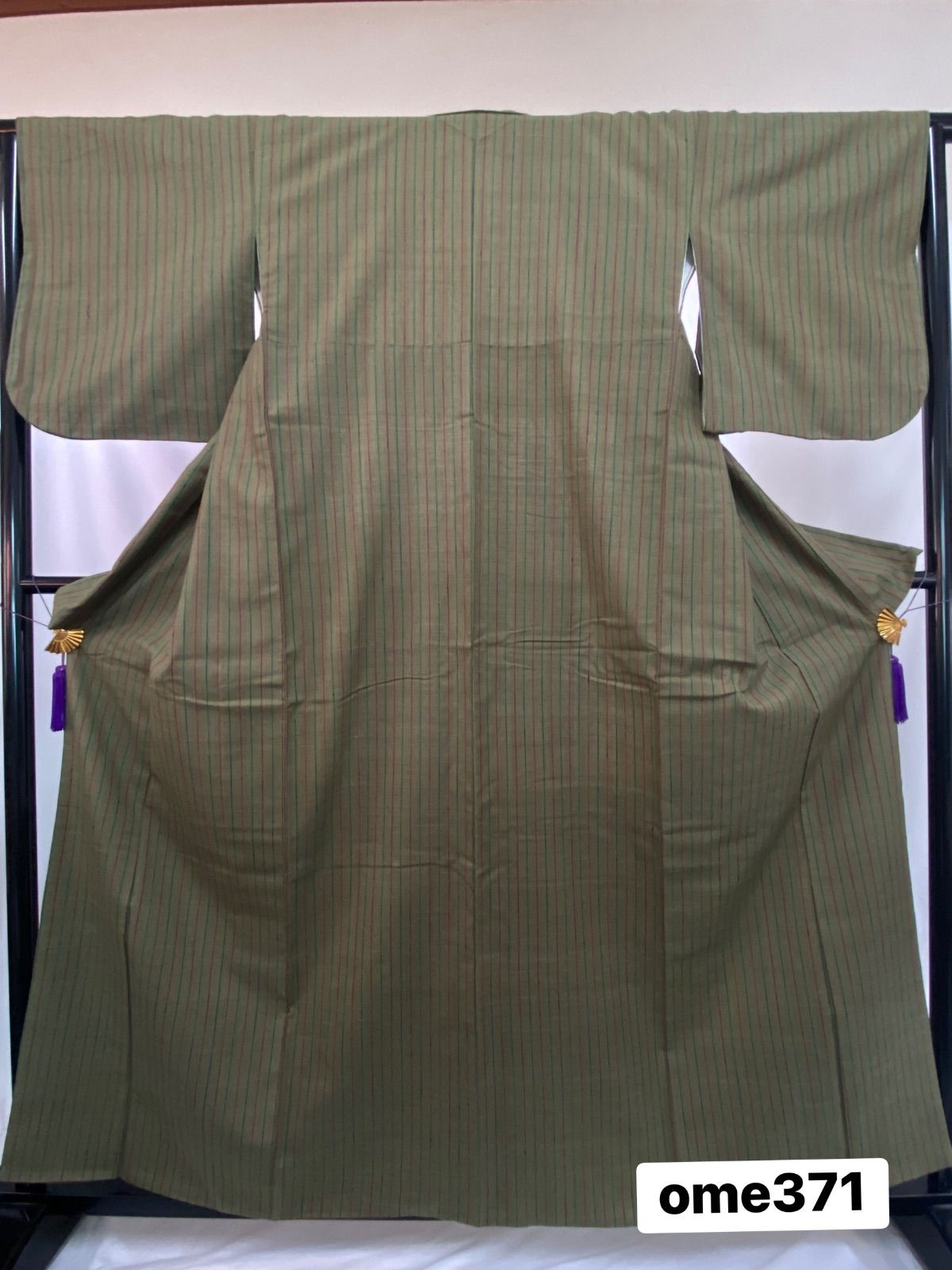 着物 紬 正絹 作家物 太子間道 縦縞模様 袷 緑 オレンジ 着物 和装 OME371