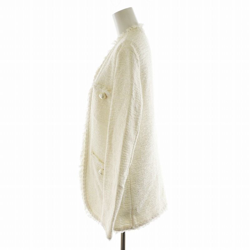 美品 エルマンノシェルヴィーノ ビッグパール付きノーカラーツイードジャケット40 美品 エルマンノシェルヴィーノ ビッグパール付きノーカラー