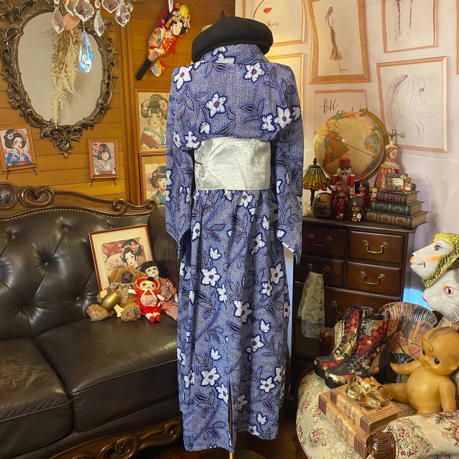 リップル絞り浴衣リメイク ロング ワンピース ドレス 袋帯サッシュ