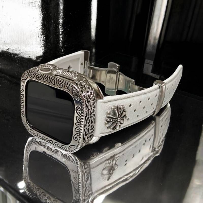 ホワイト AppleWatch用フッ素ラバー バンド コンチョ アラベスクカバー ケース アップルウォッチ用 カスタムバンド 44 45 46 49 SE Ultra