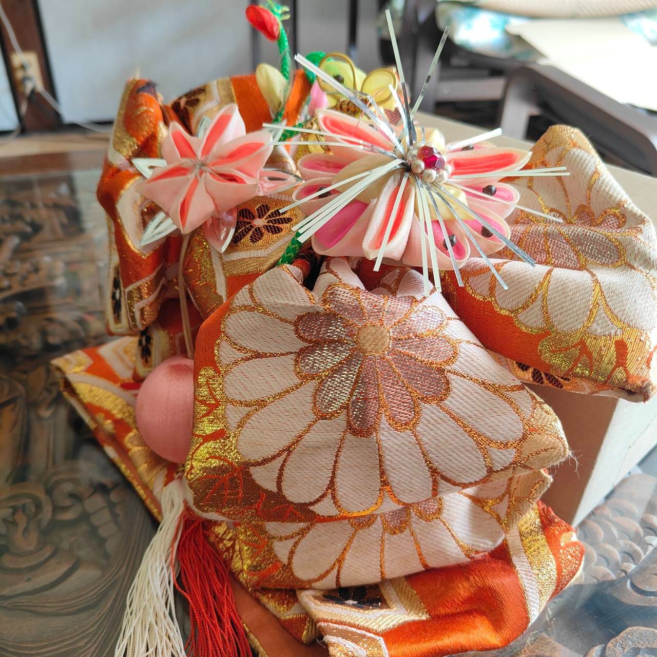 オレンジ、金の作り帯　ハンドメイド　5歳から　七五三などに オレンジ、金の作り帯 ハンドメイド 5歳から 七五三などに
