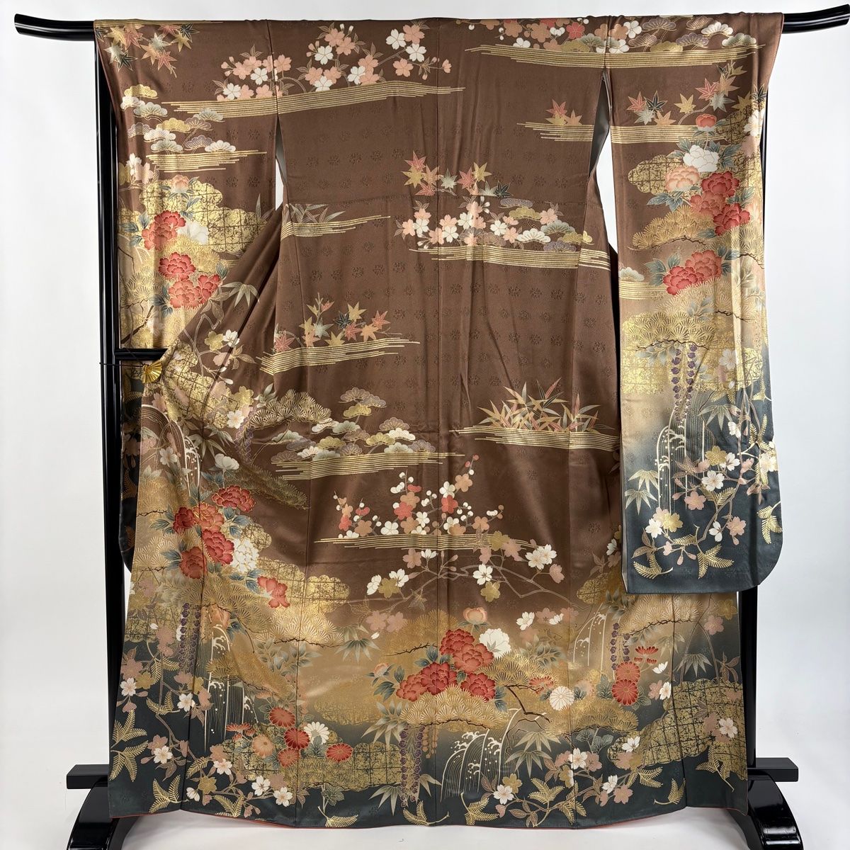 振袖 身丈166cm 裄丈68.5cm L 袷 落款 牡丹 雲文 金彩 金糸 茶色 正絹 秀品