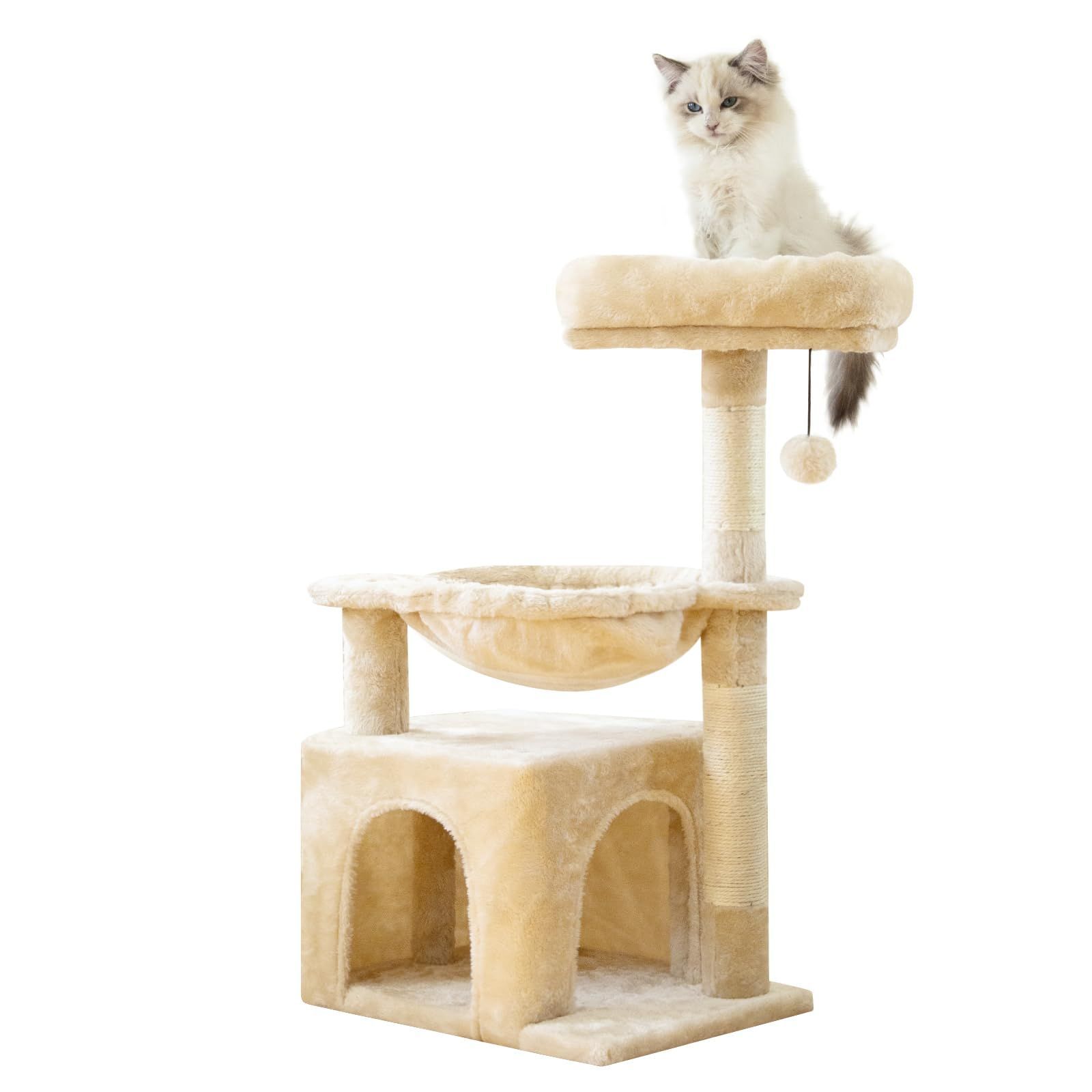 【新着商品】キャットタワー ミニ 猫タワー 低め 多頭飼い 小型 スリム 据え置き 猫ハウス Tenntowu 猫 爪とぎ 天然麻紐 省スペース 人気 運動不足解消 高さ73cm ベージュ