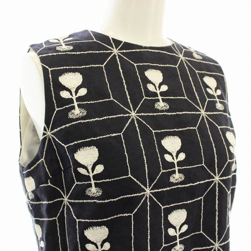 花柄刺繍 ノースリーブ ひざ丈ワンピース　ミナペルホネン ミナペルホネン mina perhonen FLOWER BOX リネン ノースリーブ