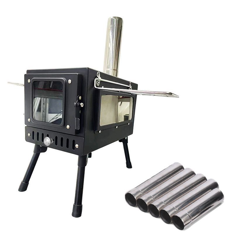 * * 薪 ストーブ アウトドア 調理器具 暖炉 キャンプ 折りたたみ 煙突付き 2面耐熱ガラス付き 窓付き 組立式 屋外 焚き火台 BBQ 暖房 コンロ ブラック