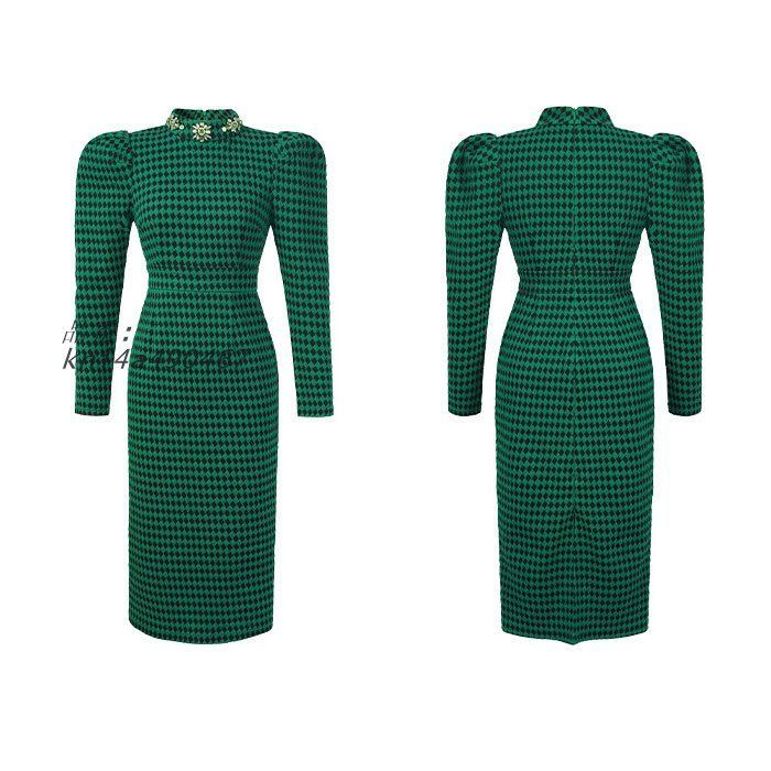 ネックビジューミモレ丈チェック柄ワンピース 緑